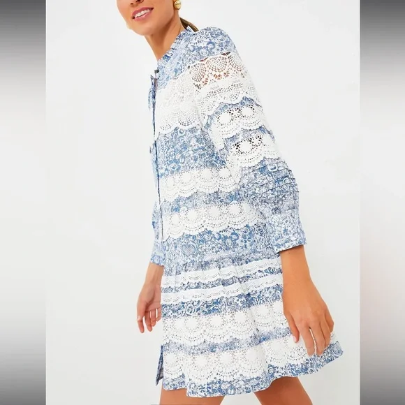 HYACINTH HOUSELace Trim Blue Etched Floral Emmie Mini Dress